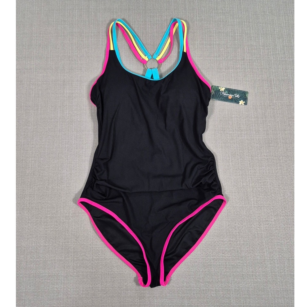 Blooming‎ Jelly Womens Tummy Control One Piece Swimsuit Neon Black Ribbed Size M